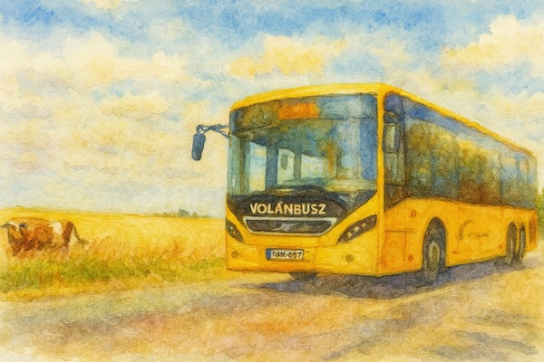 Illustrated travel card representing bus. travel