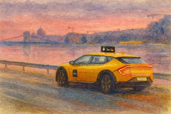 Illustrated travel card representing rideshare travel.