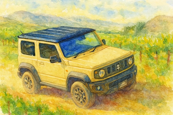 Illustrated travel card representing driving to Etyek.